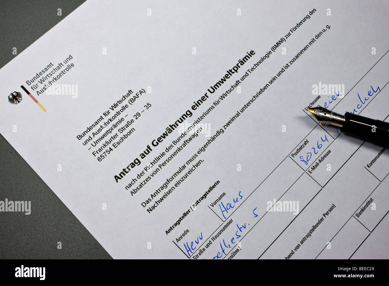 German form to apply for the environmental bonus or scrapping bonus from the German Federal Office of Economics and Export Cont Stock Photo