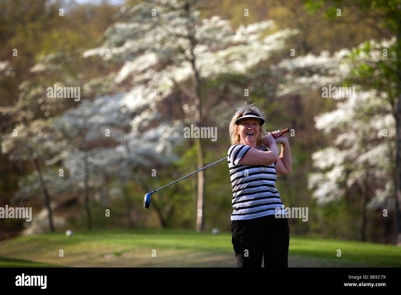 A woman tees off on the No. 7 hole at Branchwood Golf Course in Bella Vista, Ark., with dogwood trees in bloom behind her. Stock Photo