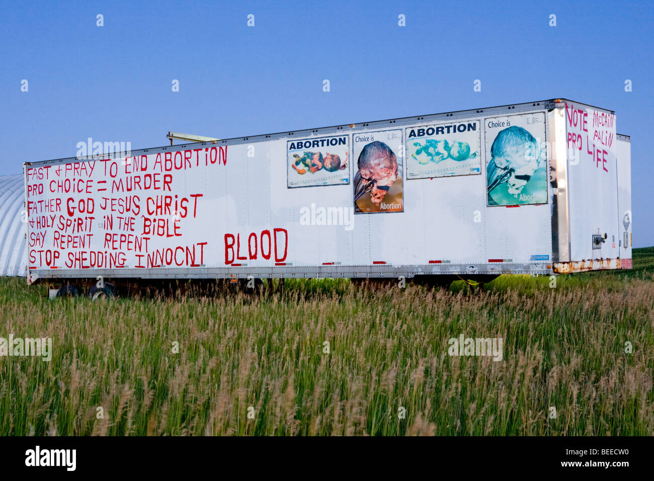 Pro-life anti-abortion Republican family values hand painted sign on a farm in northeastern Nebraska Stock Photo