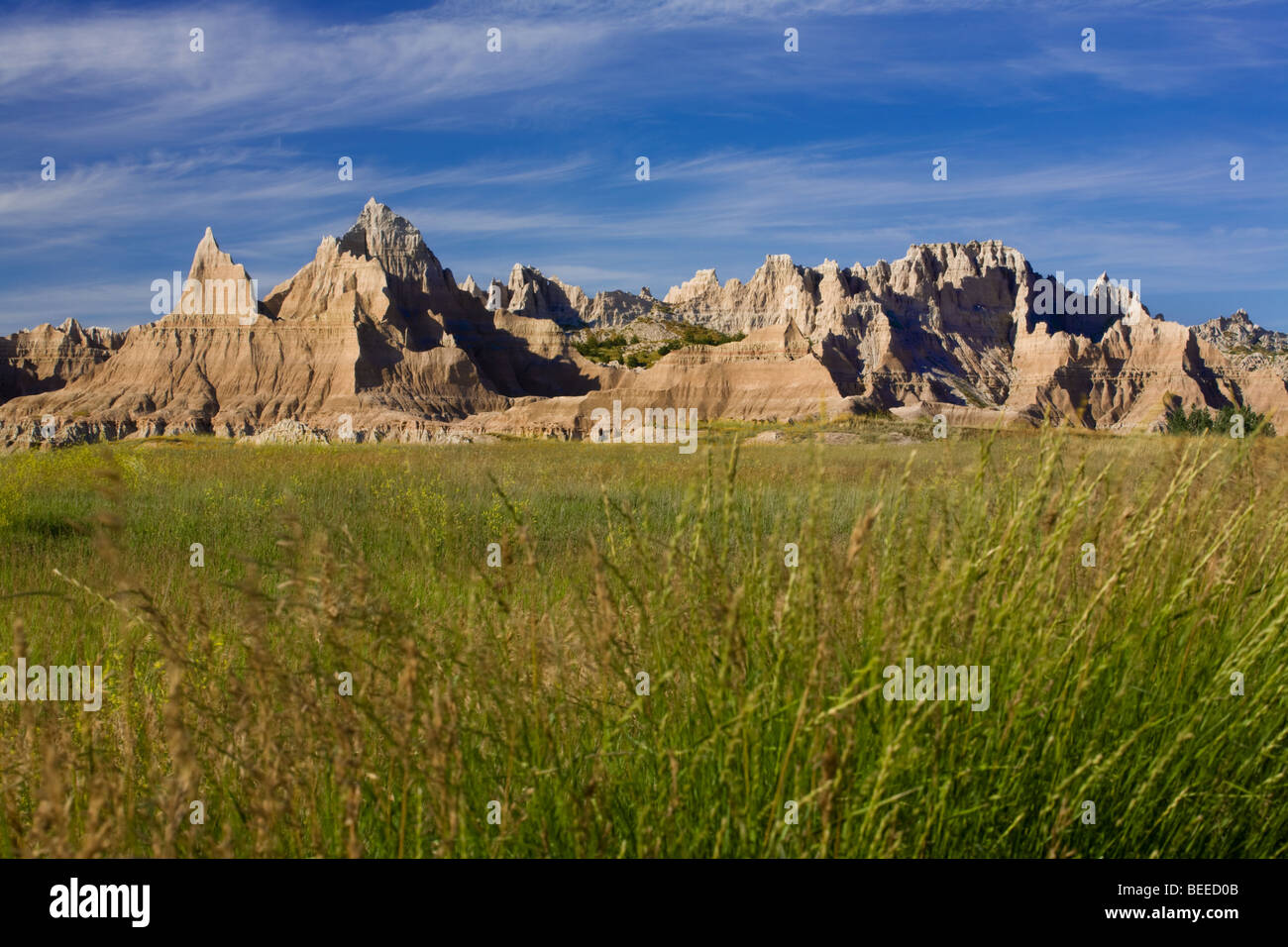 Eroded buttes pinnacles and spires in Badlands National Park, South Dakota Stock Photo