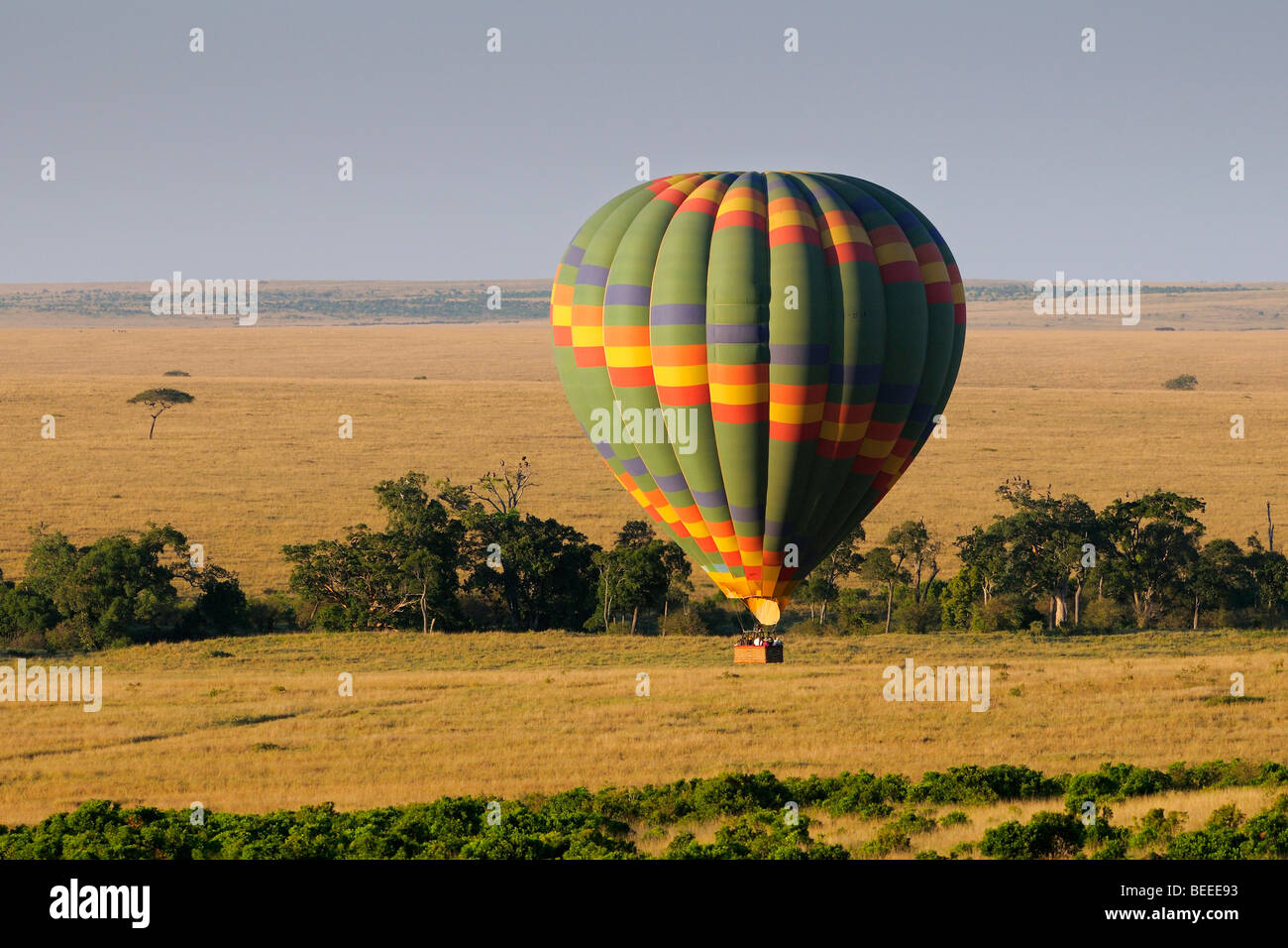 Hot air balloon above the steppe in the first morning light, Masai Mara Nature Reserve, Kenya, East Africa Stock Photo