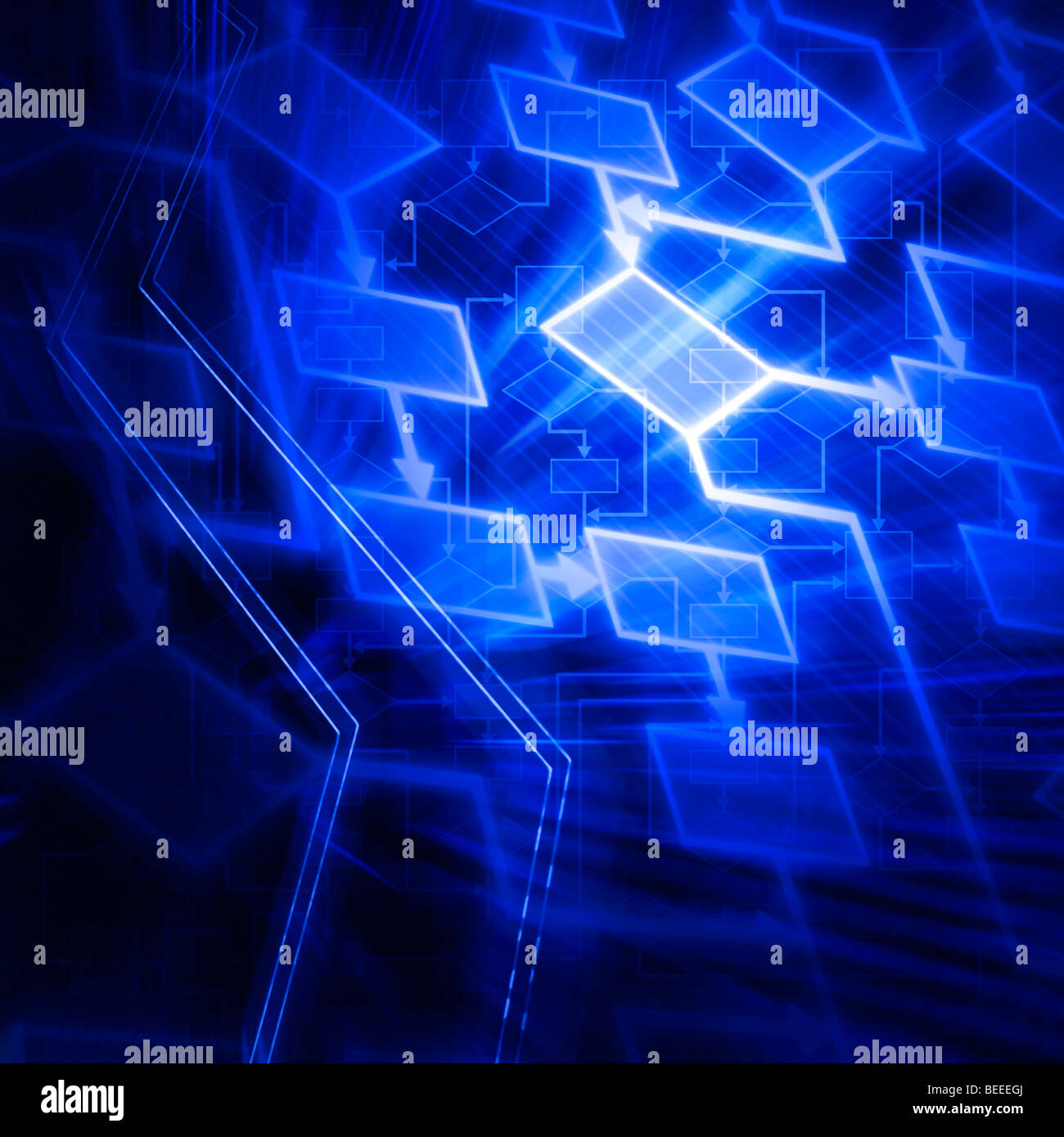 Glowing blue flowchart diagram conceptual background Stock Photo