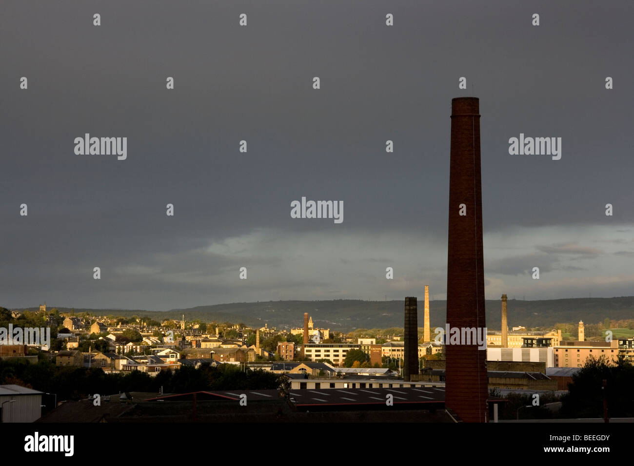 The factory and mill chimneys of Shipley and Saltaire are a reminder of the industrial past of Bradford, West Yorkshire Stock Photo