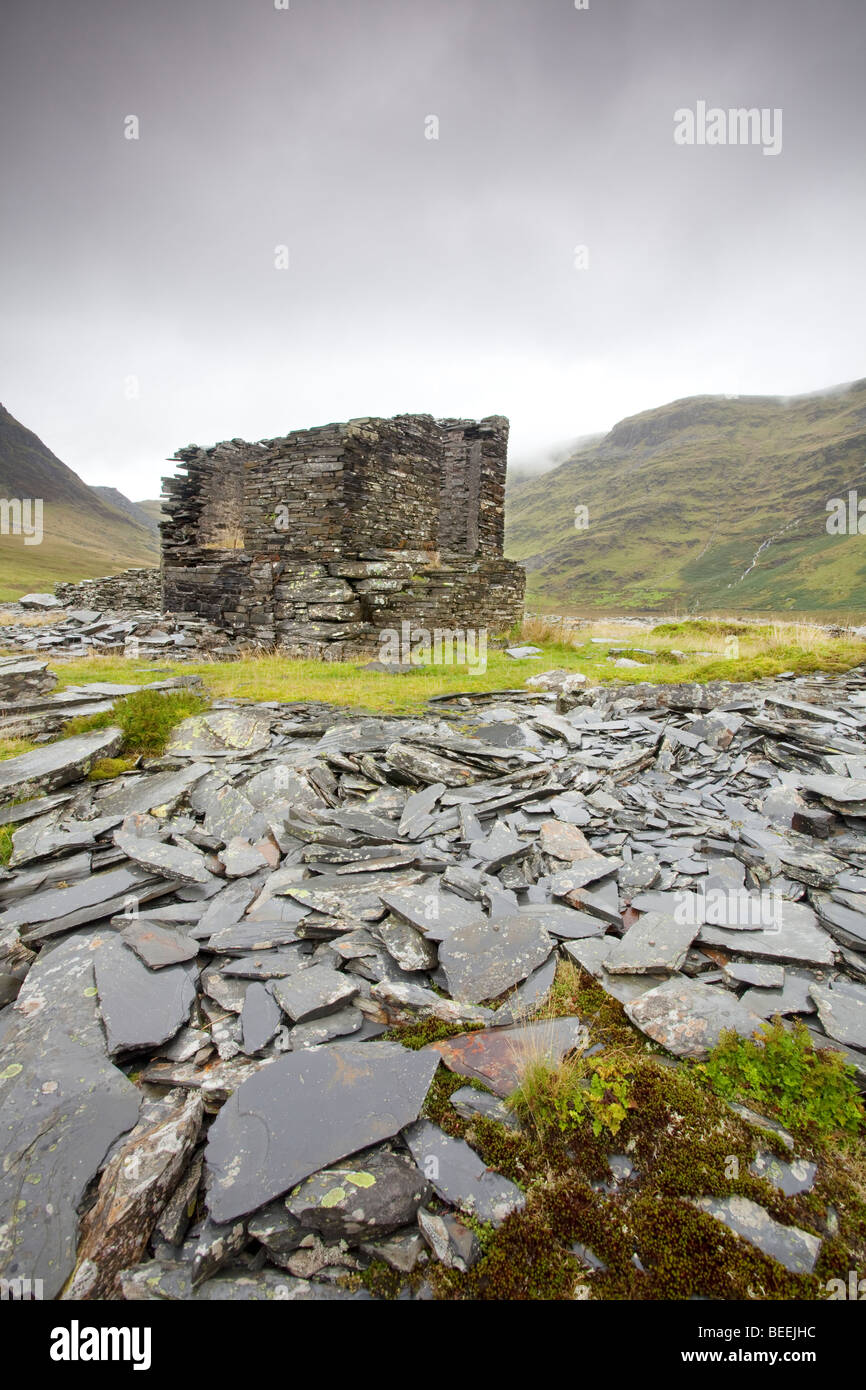The remains of the abandoned Llyn Cwmorthin Slate Mine high above Blaenau Ffestiniog in Snowdonia, North Wales. Stock Photo