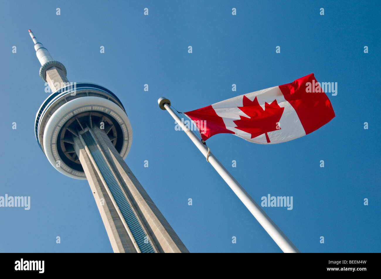 The CN Tower and Canadian National Flag, Toronto, Ontario, Canada, North America Stock Photo