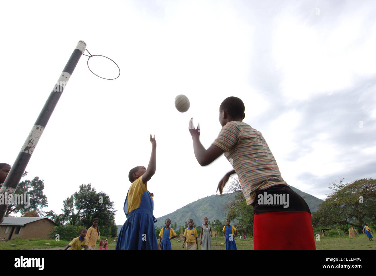 Bakonzo school girls playing netball, Rwenzoris, West Uganda, Africa Stock Photo