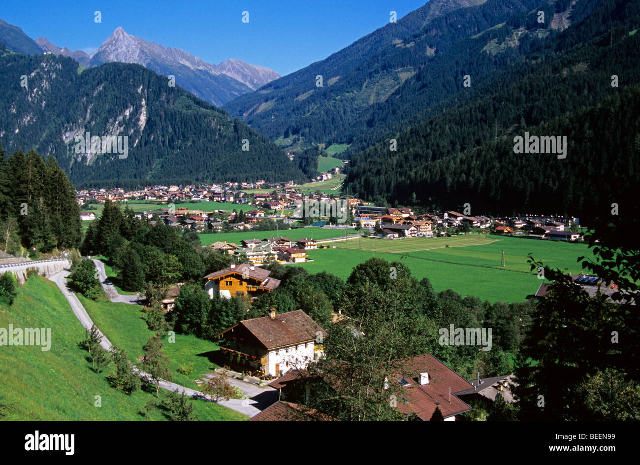 View towards Mayrhofen from near the town of Finkenberg Stock Photo