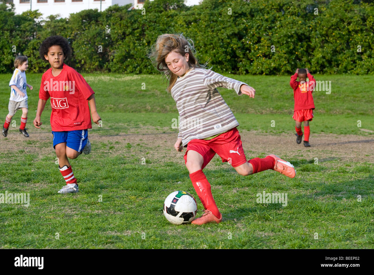 Girl playing soccer in a Under 11 soccer team, Cape Town, South Africa Stock Photo