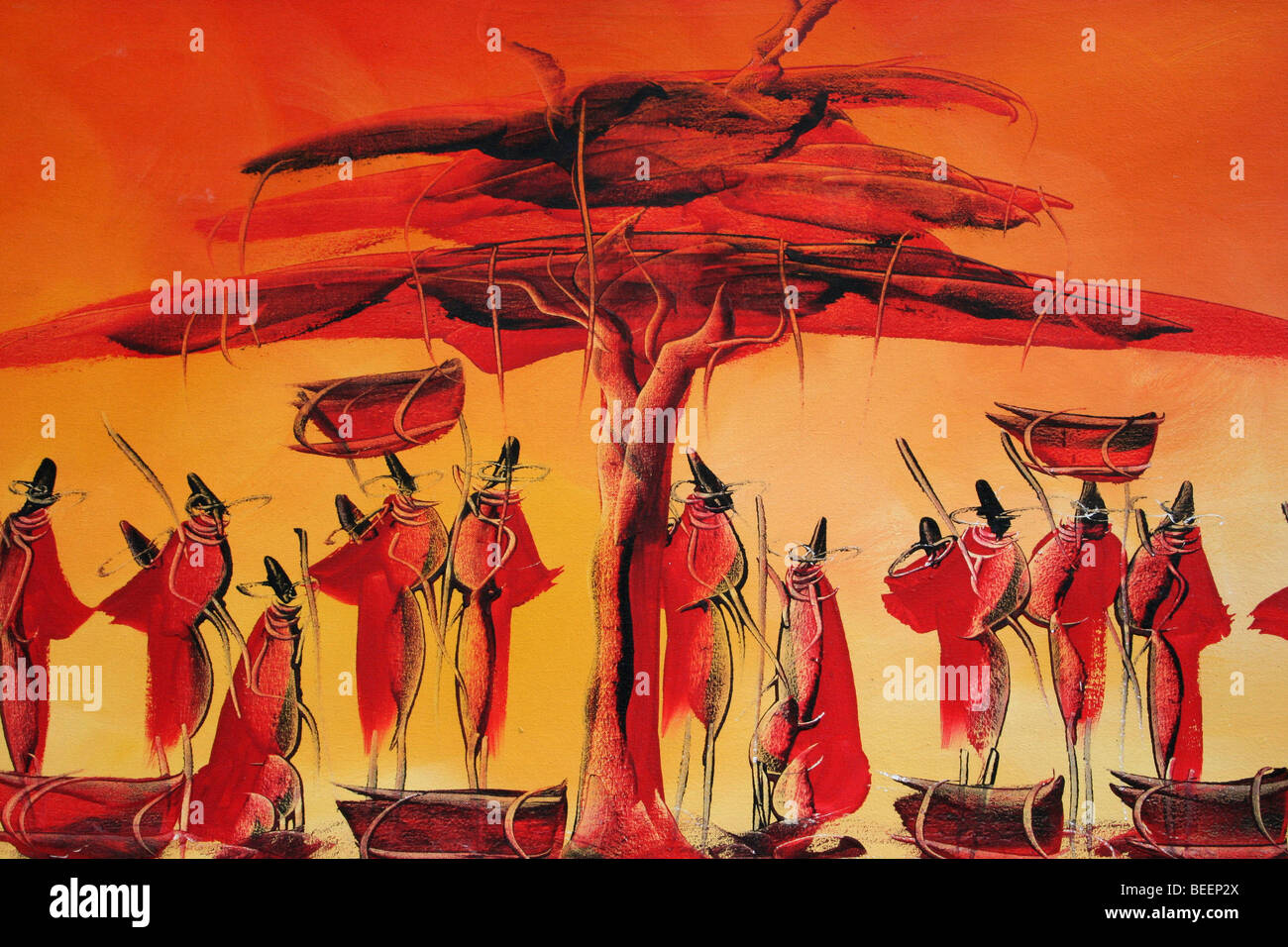 African Painting In Reds And Oranges Showing Masai Tribespeople Under Acacia Tree Stock Photo