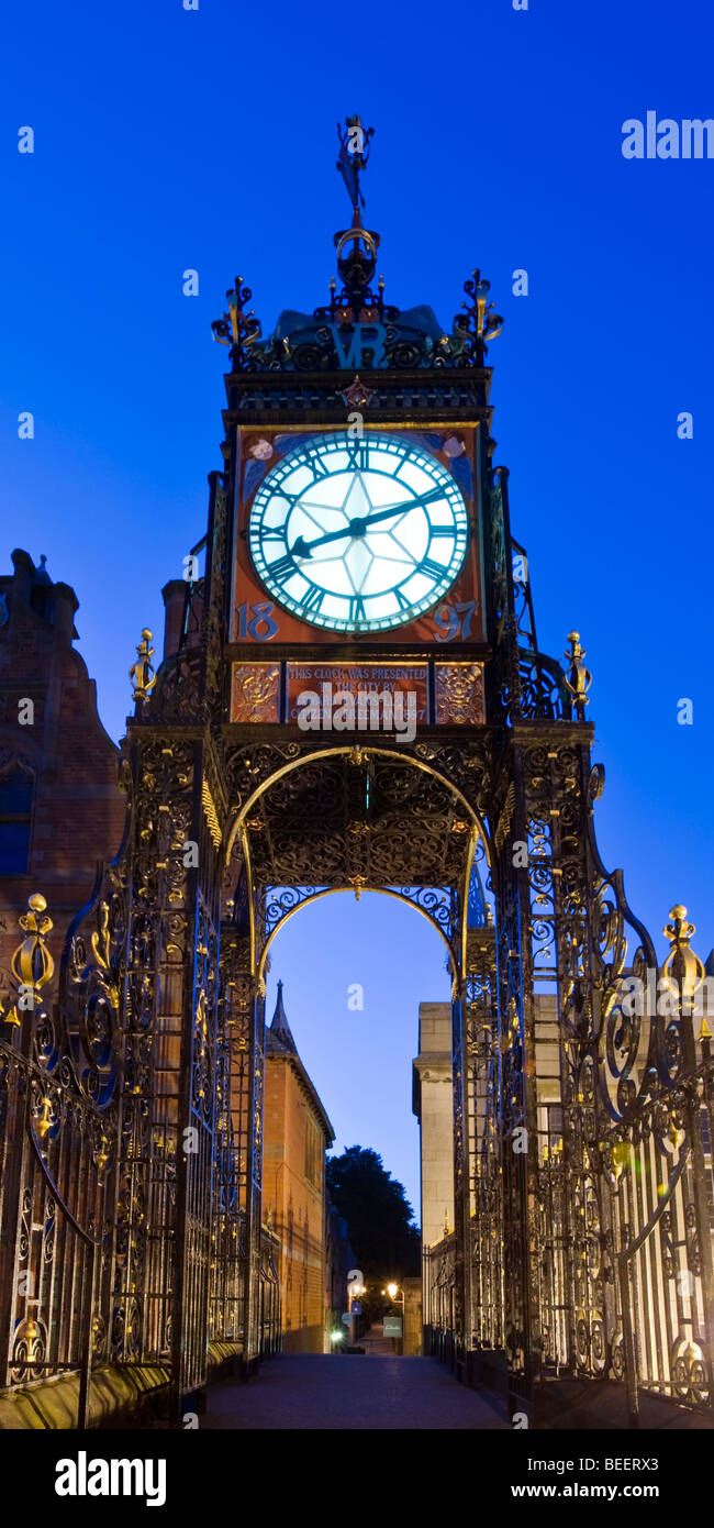 The Victorian Eastgate Clock at Night on the City Walls, Chester, Cheshire, England, UK Stock Photo