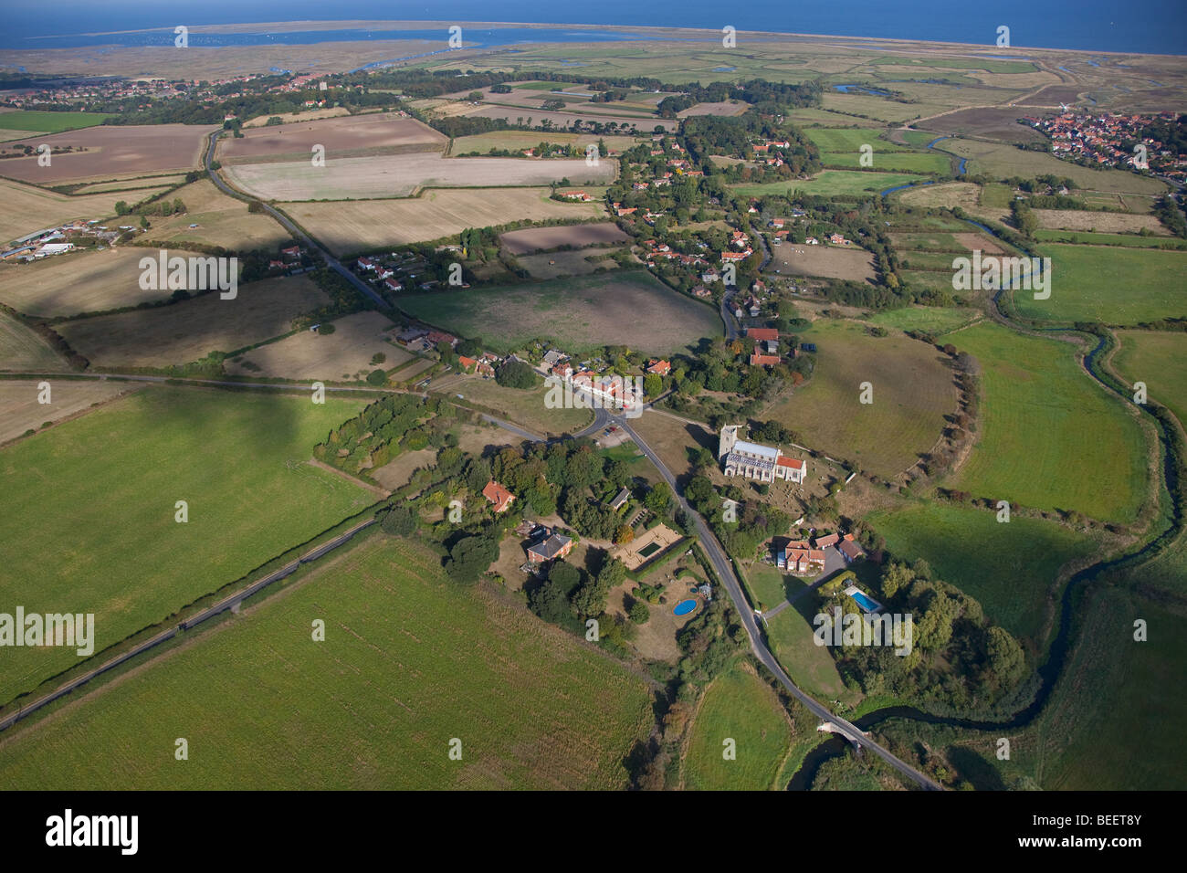 Aerial view of Cley and Wiveton Villages on the North Norfolk Coast England Stock Photo