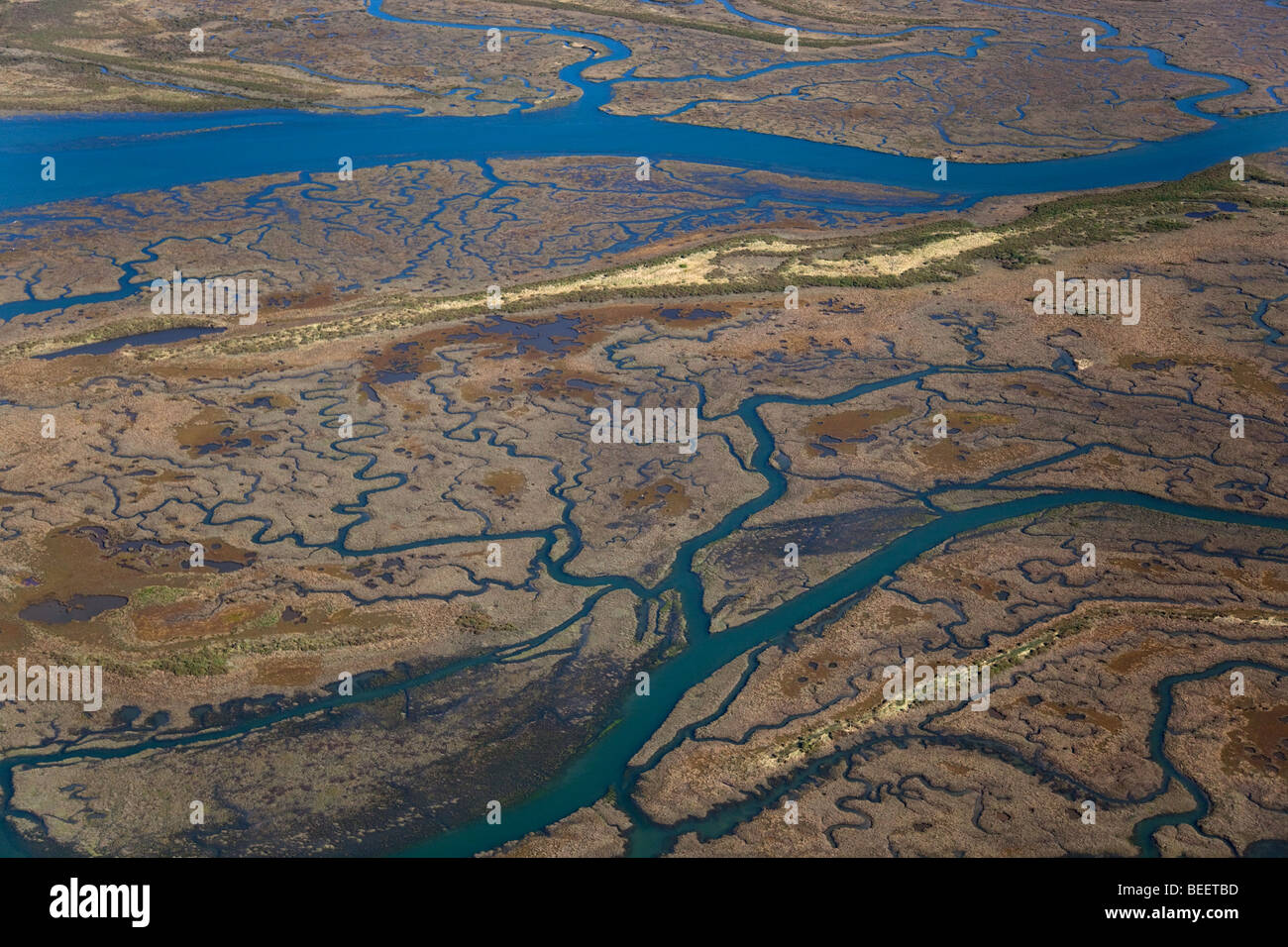 An aerial view of Saltmarshes at Brancaster & Scolt Head Island Norfolk UK September Stock Photo