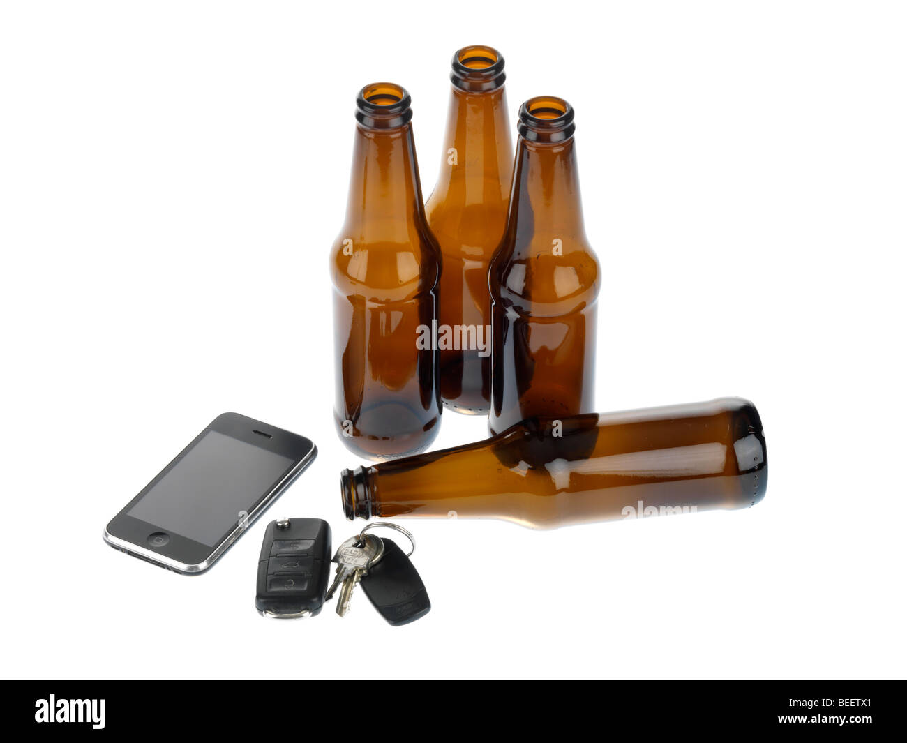 Empty Beer Bottles with Car Keys Stock Photo Alamy