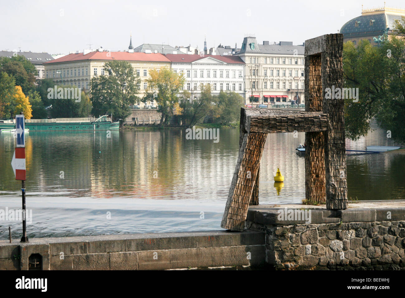 Czech Republic, Prague, Vltava River, wooden chair modern art, the