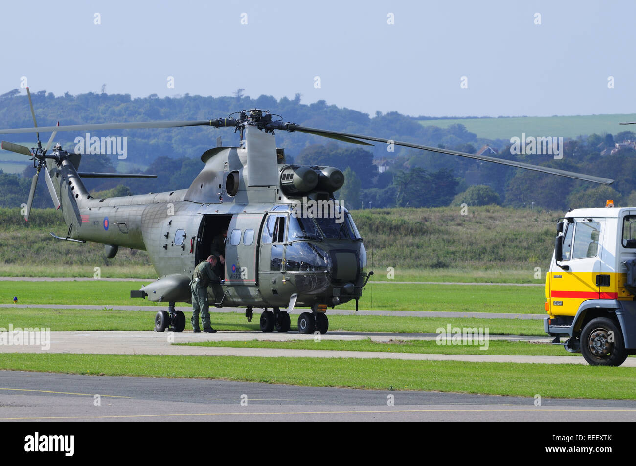 RAF ,Royal Air Force ,Puma Helicopter ,Refueling , Airport ,Shoreham by Sea Tanker Stock Photo