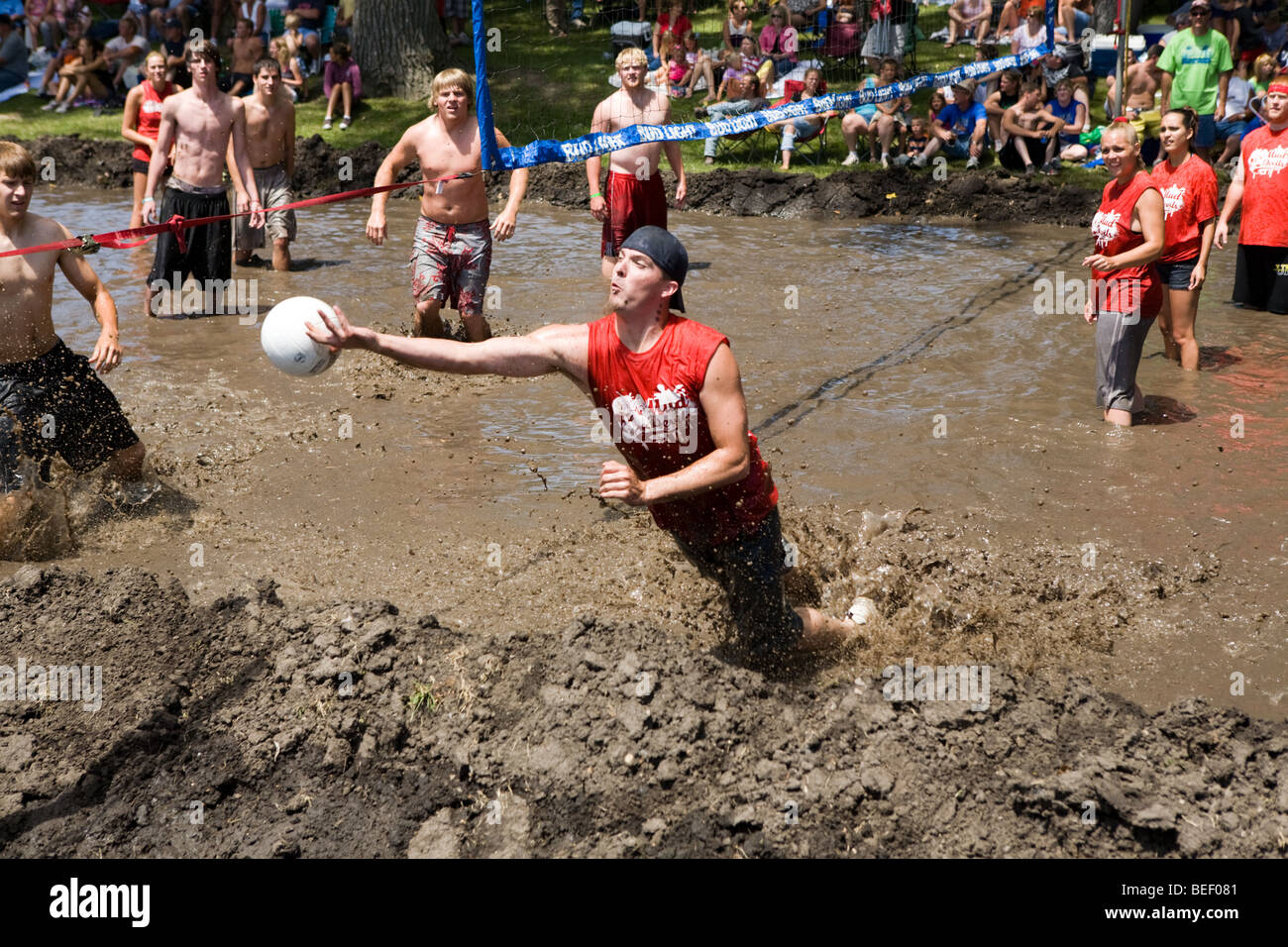 Mud volleyball game at a water festival in Lakeview, Iowa Stock Photo