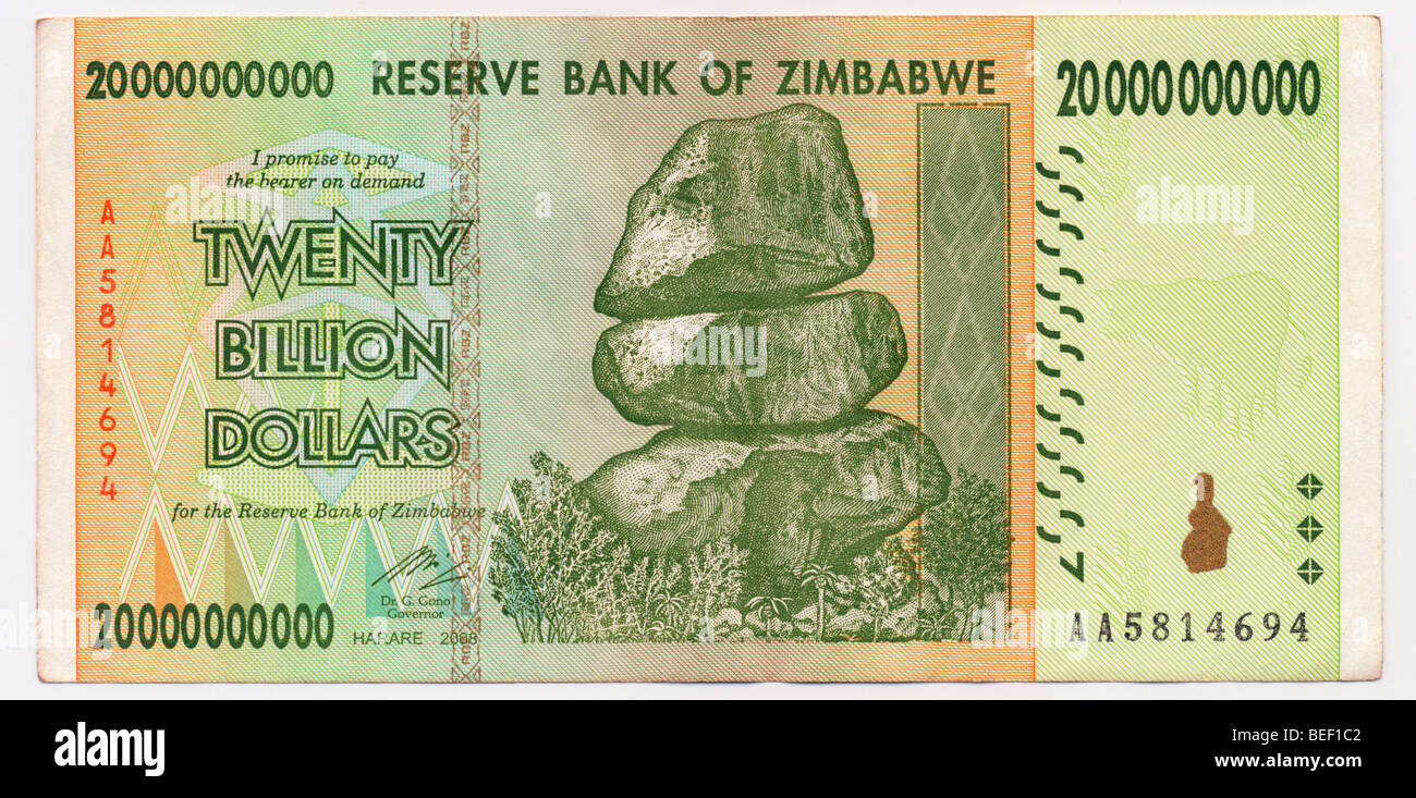Twenty Billion Dollar Banknote - Zimbabwe Stock Photo