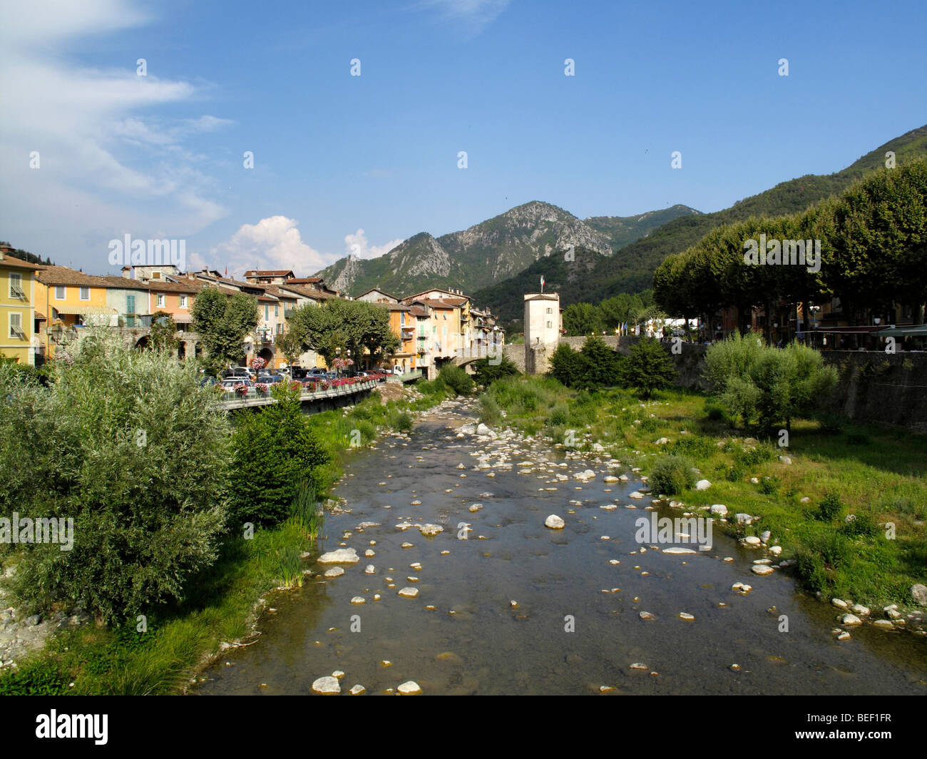 General view of riverside houses in Sospel in southern France Stock ...