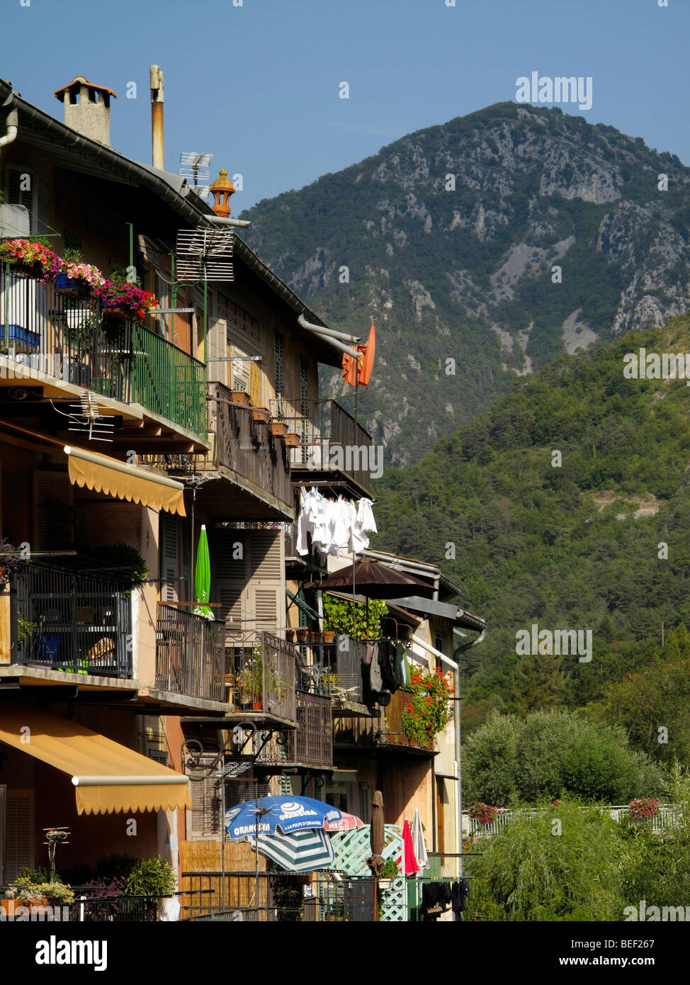 General view of riverside houses in Sospel in southern France Stock Photo