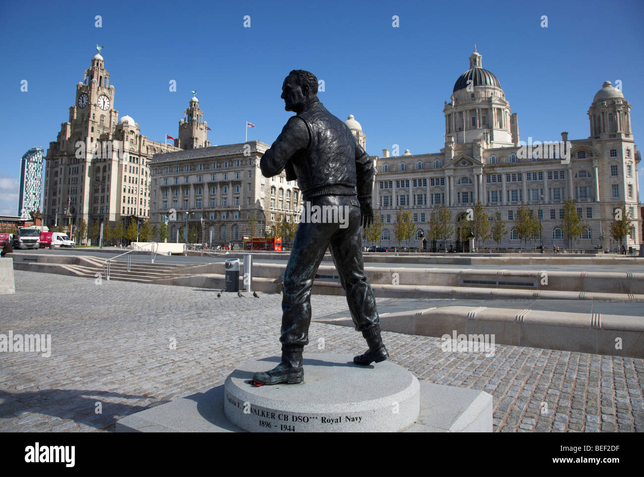 Captain F J Walker CB DSO Royal Navy statue at pier head with the three