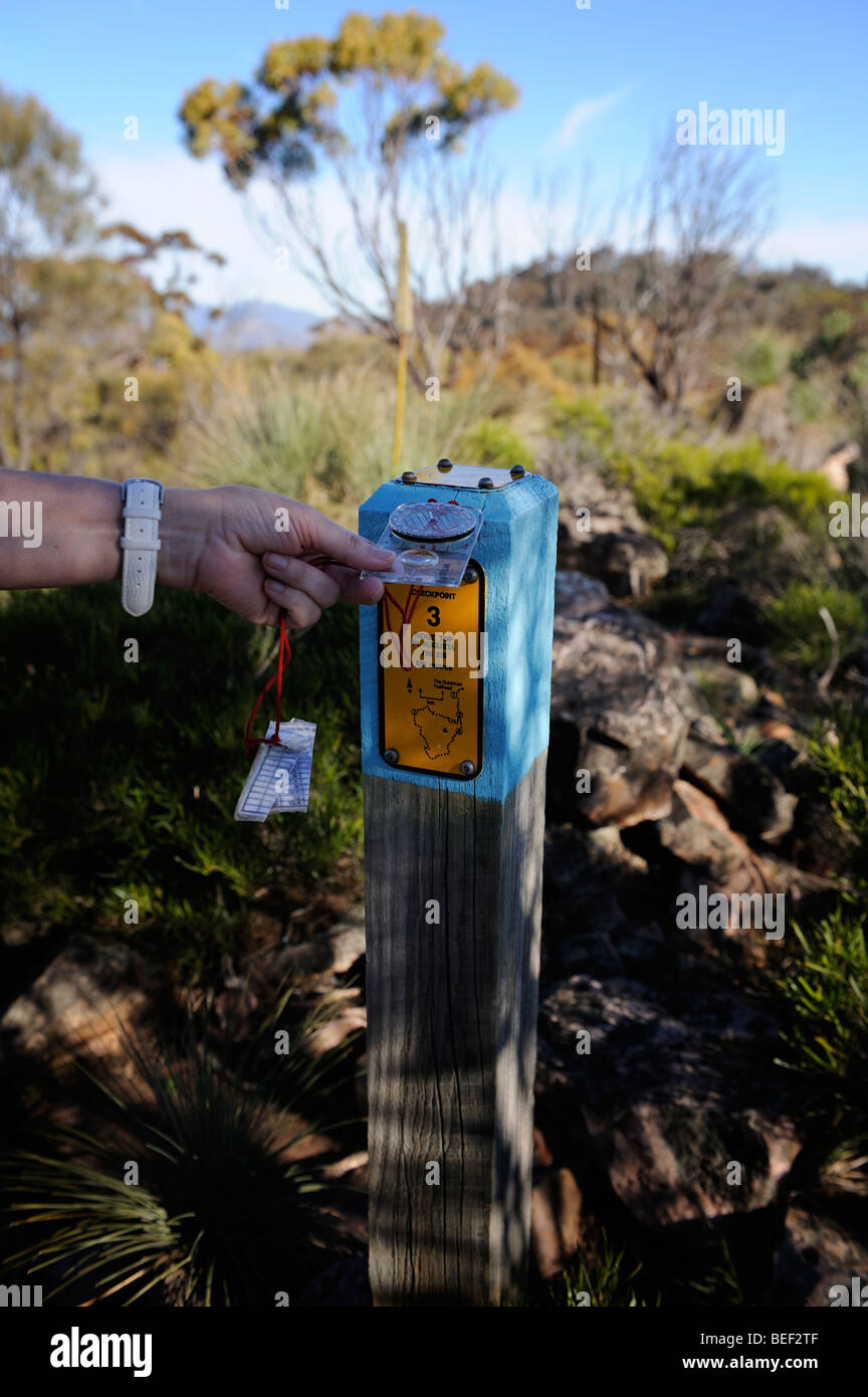 Walker checks the compass bearing against the bearings etched into the top of the waymark at the summit of Dutchman's Stern Stock Photo