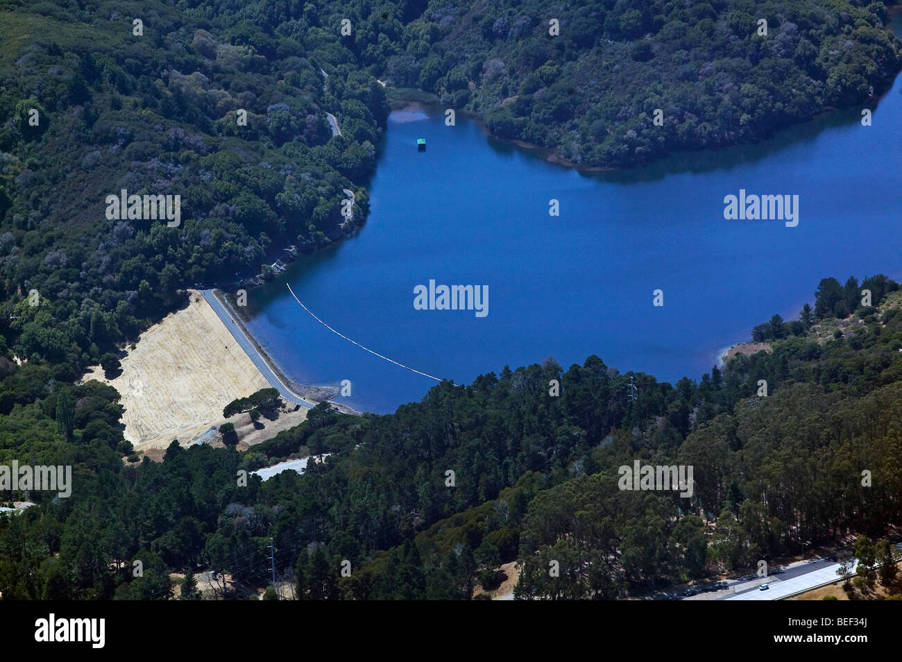 aerial view above Crystal Springs reservoir dam northern California Stock Photo