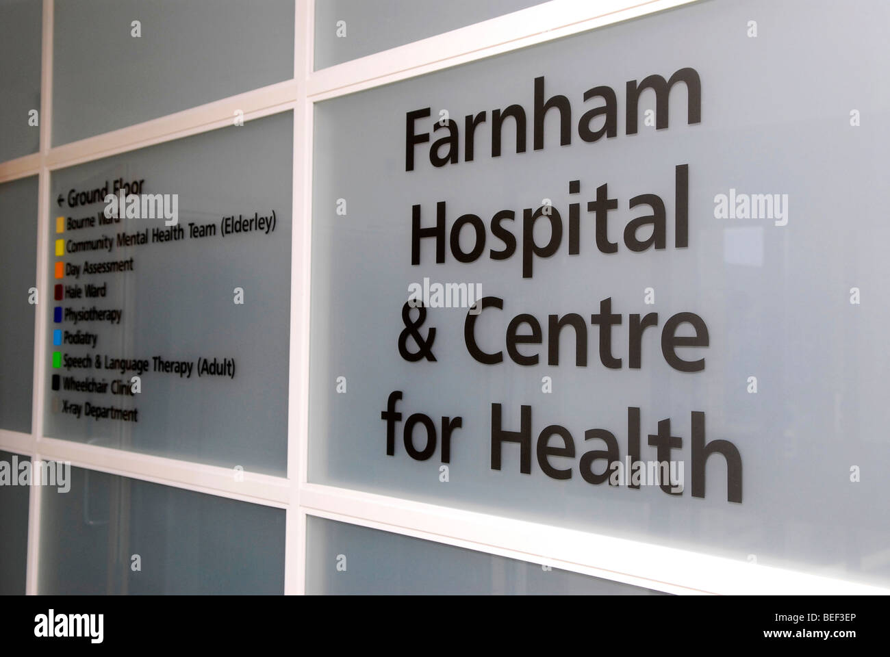 Departmental sign for Farnham Hospital and Health Centre, Farnham, Surrey UK. Stock Photo