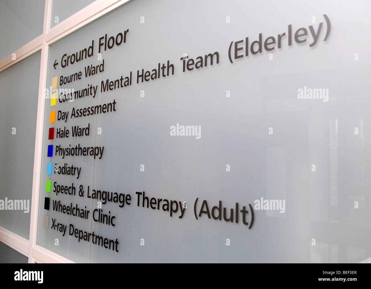 Departmental sign for Farnham Hospital and Health Centre, Farnham