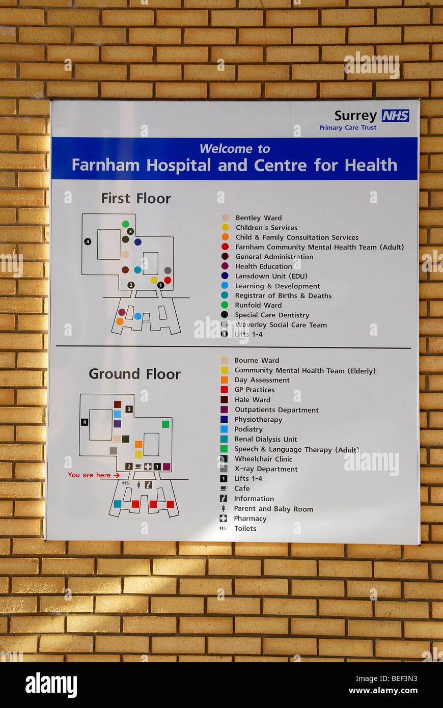 Departmental sign for Farnham Hospital and Health Centre, Farnham, Surrey, UK. Stock Photo