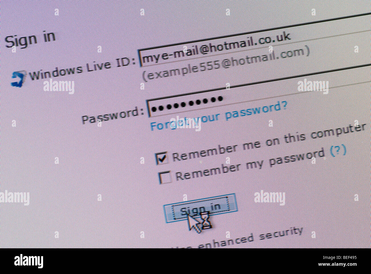 Macro screen shot of windows hotmail sign in Stock Photo