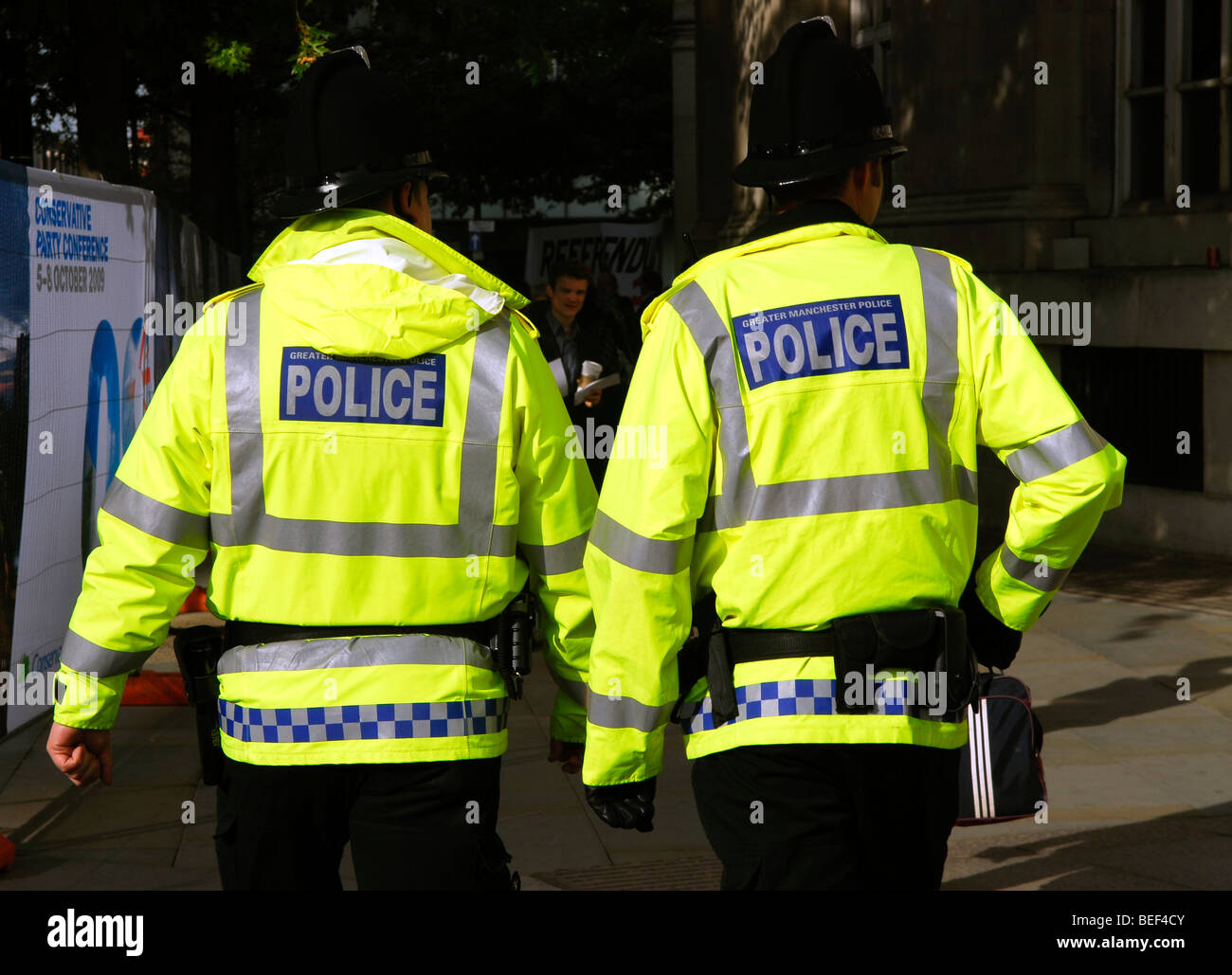 Officers from Greater Manchester Police patrol the streets near the venue of the Conservative Party Conference,  5 October 2009. Stock Photo