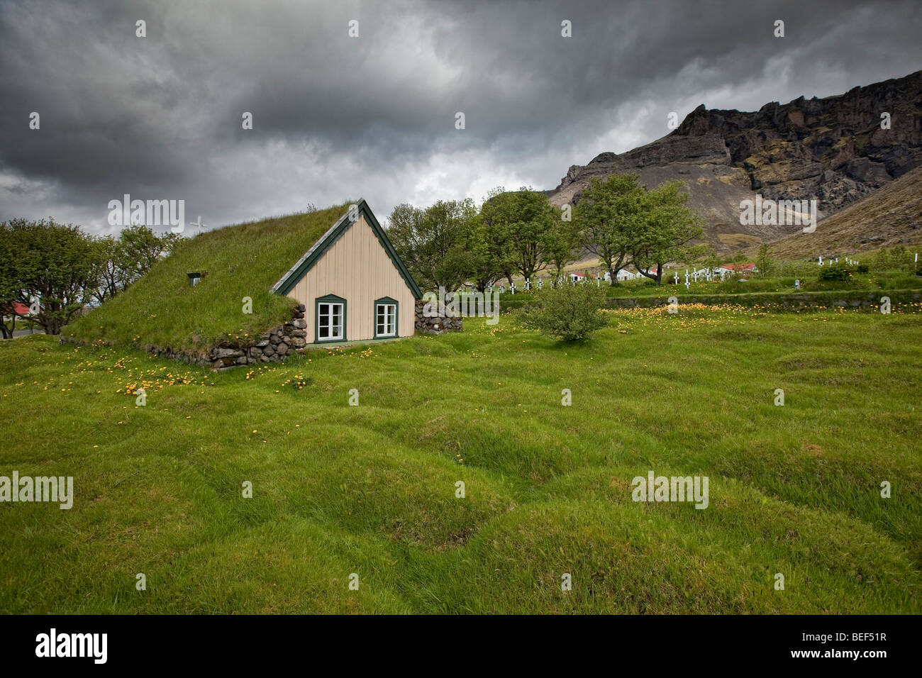 Historical church with tufted roof, Hofskirkja, Iceland Stock Photo