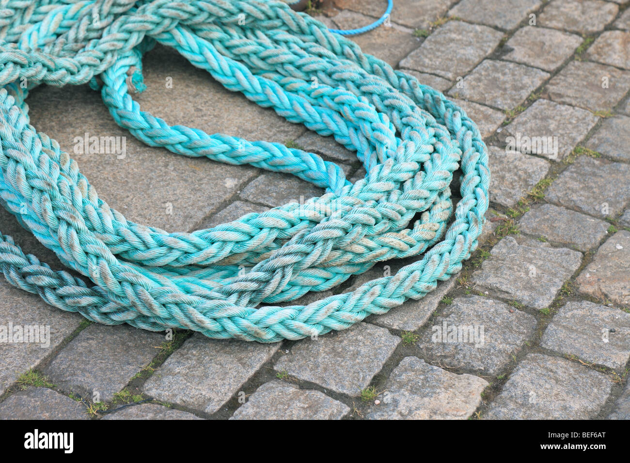 Blue twisted rope on pavement. Stock Photo