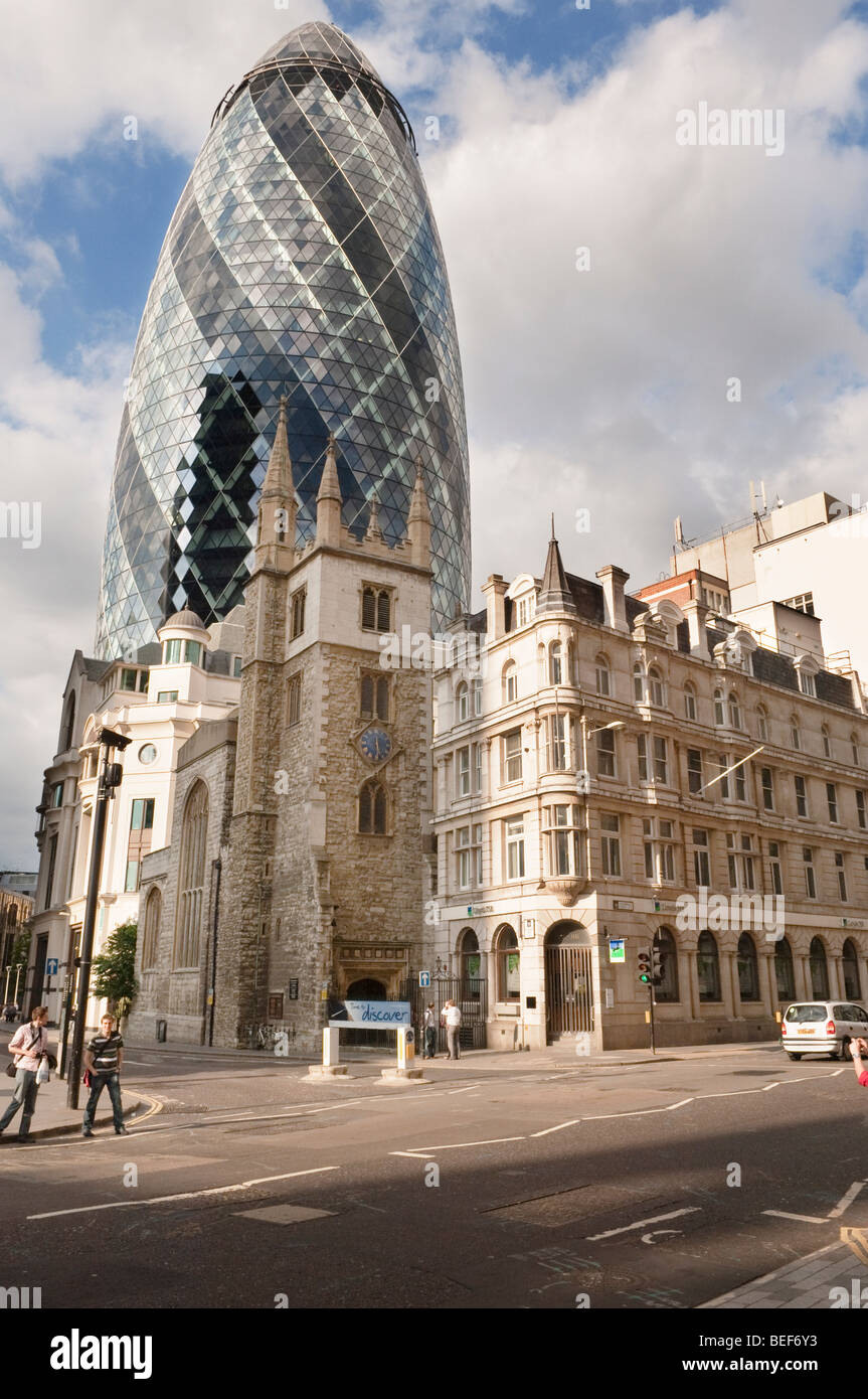 View of The Gherkin, also known as the Swiss Re building. Stock Photo