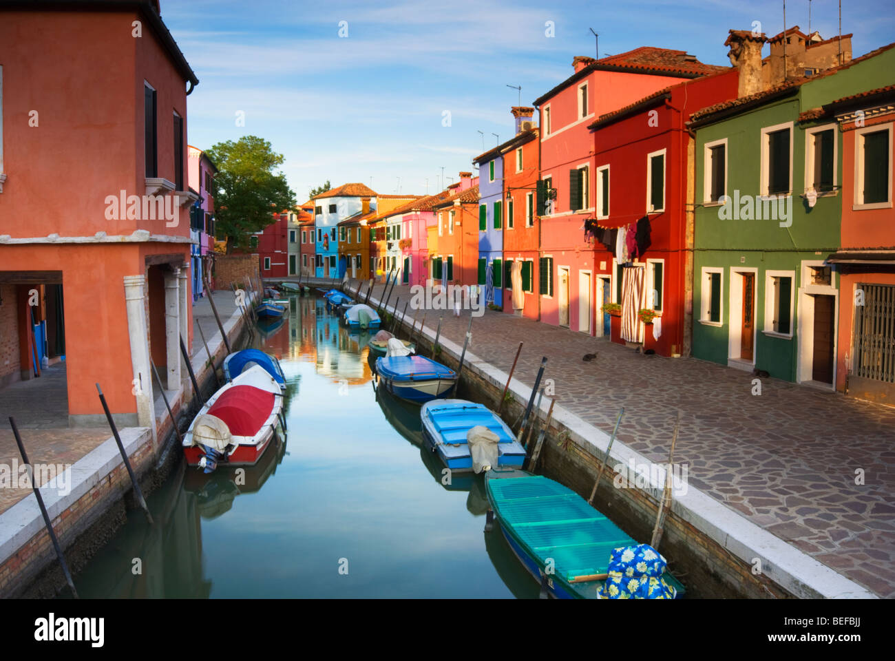 Horizontal View down a Quite canal, street on the island of Burano Italy Stock Photo