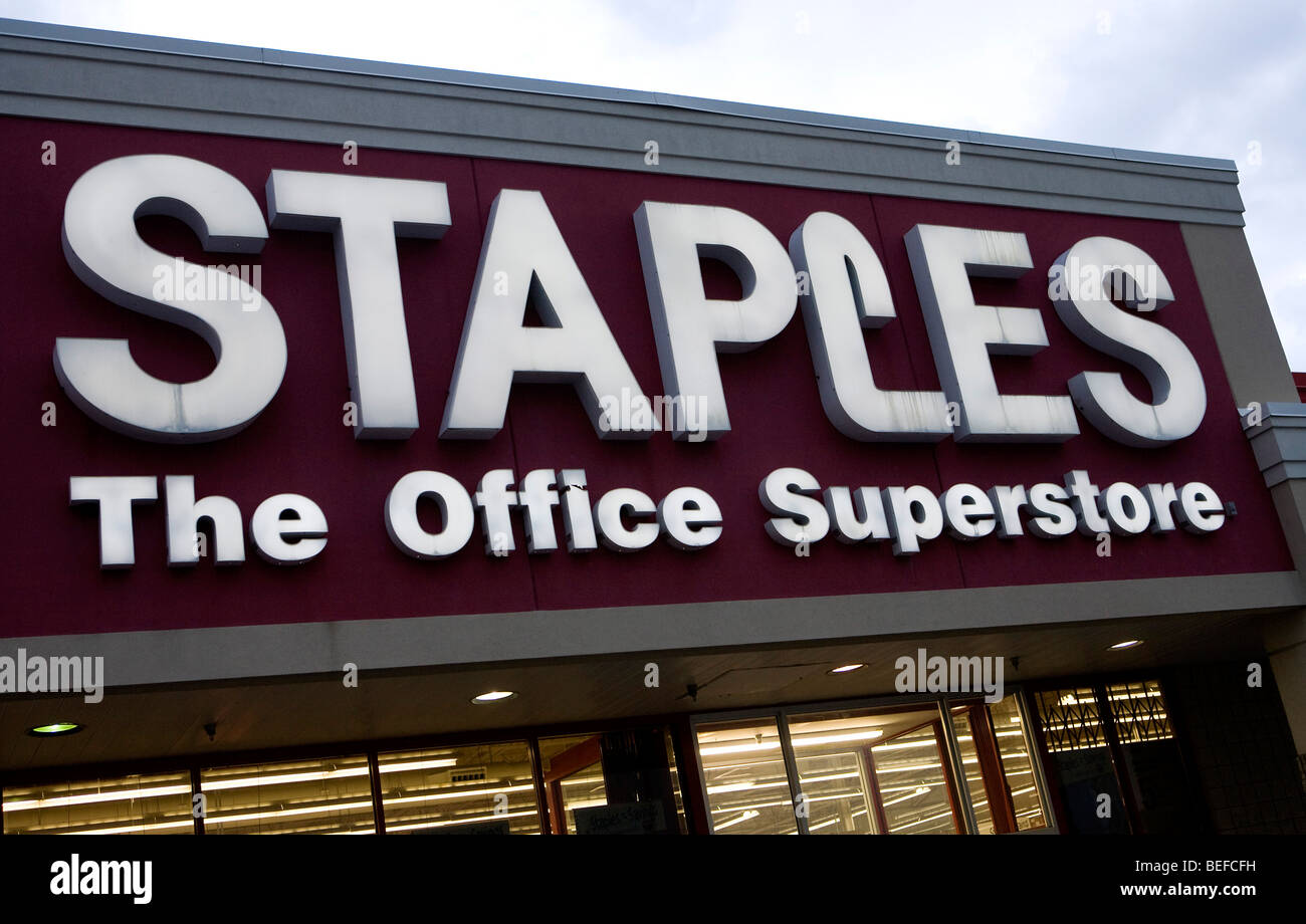 Staples office superstore sign. An American multinational office