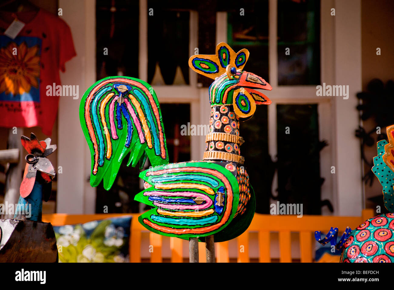 A whimsical sculpture stands in front of an art gallery, in the arts and crafts town of Arroyo Seco, New Mexico. Stock Photo
