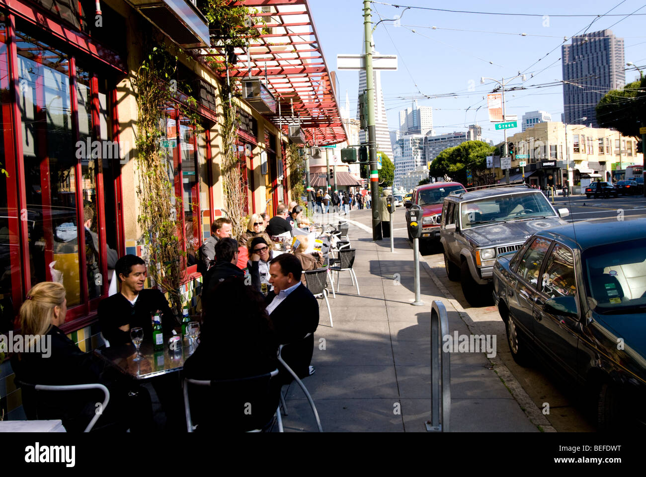 California San Francisco, North Beach. Patrons at outdoor restaurant