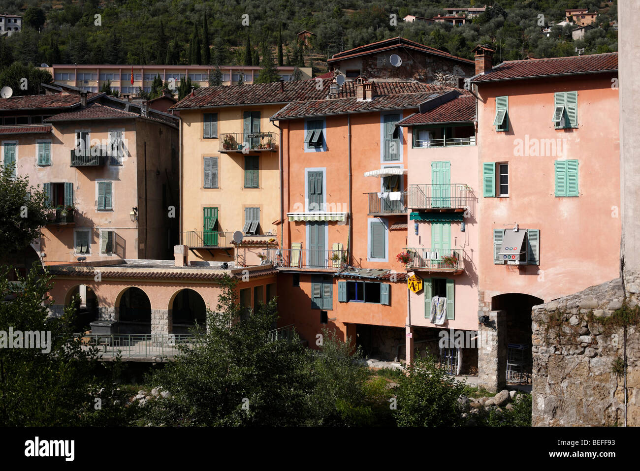 General view of riverside houses in Sospel in southern France Stock Photo