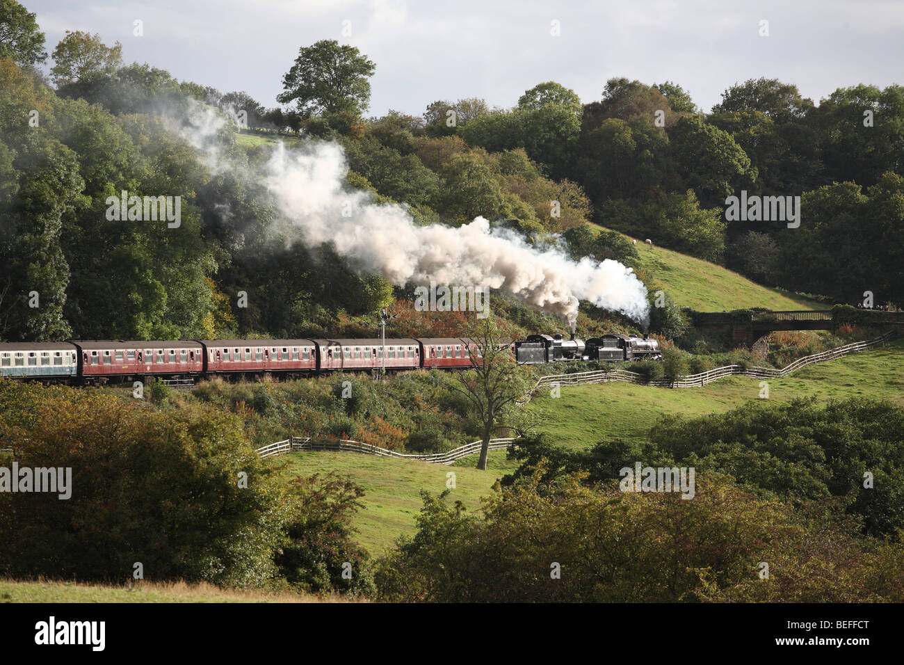 A double headed steam  train hauled by SDJR 2-8-0 53809 and BR standard 2-6-0 76079, at Green End on the North Yorkshire Moors Railway. Stock Photo