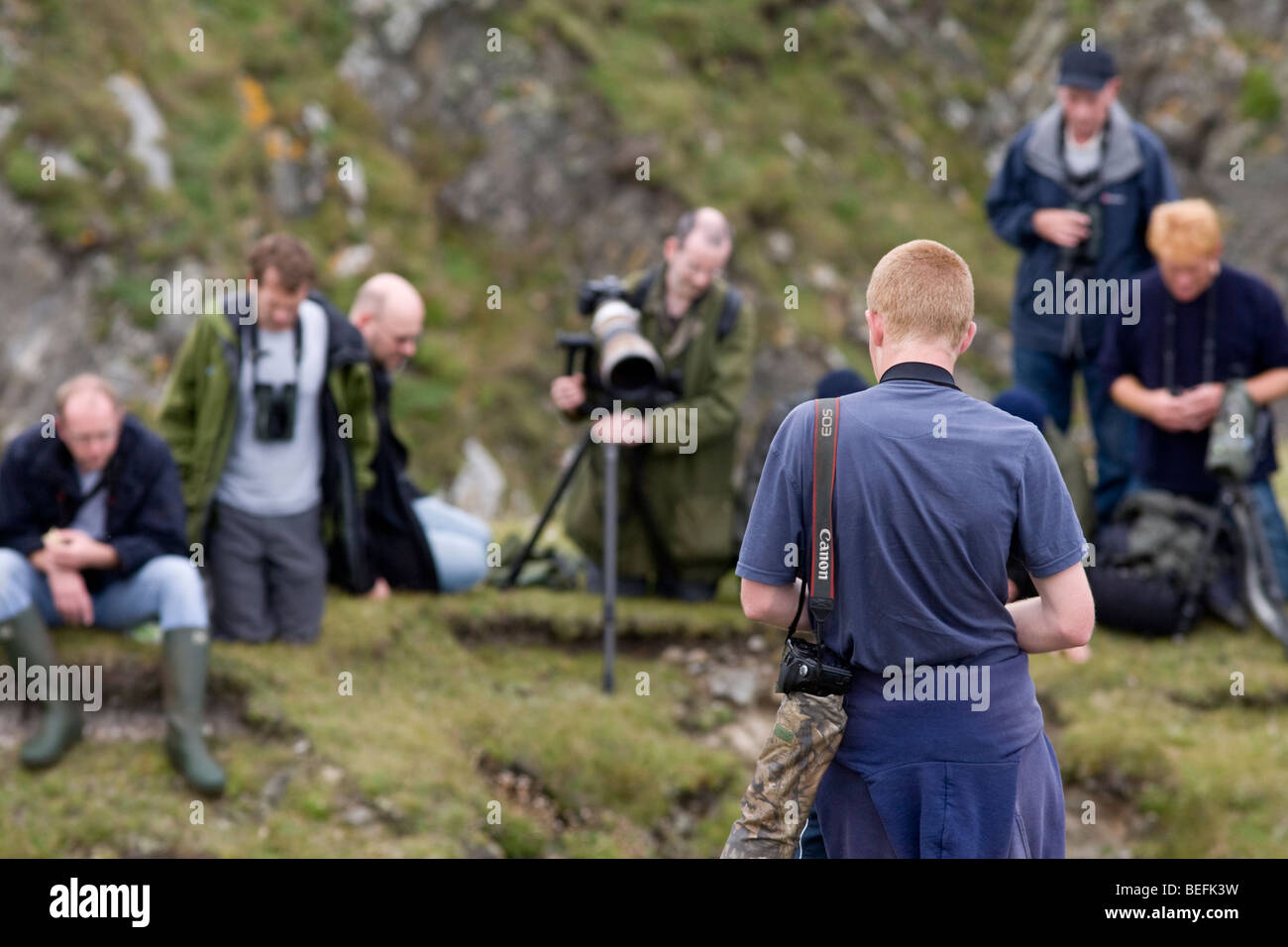 Twitchers on Fair Isle Shetland in autumn 2008 Stock Photo