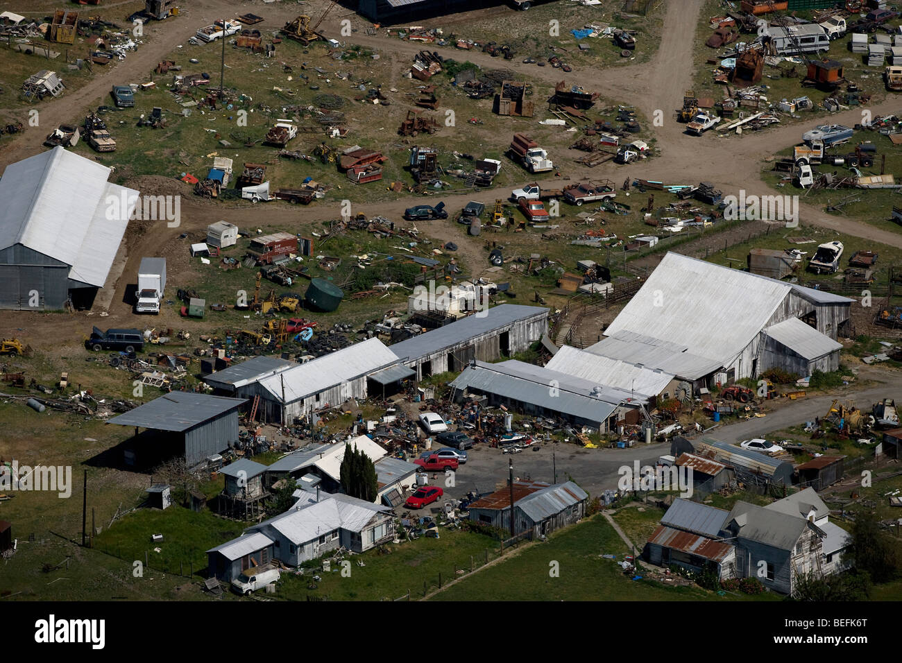 aerial view above rural farm junkyard Sonoma County California Stock