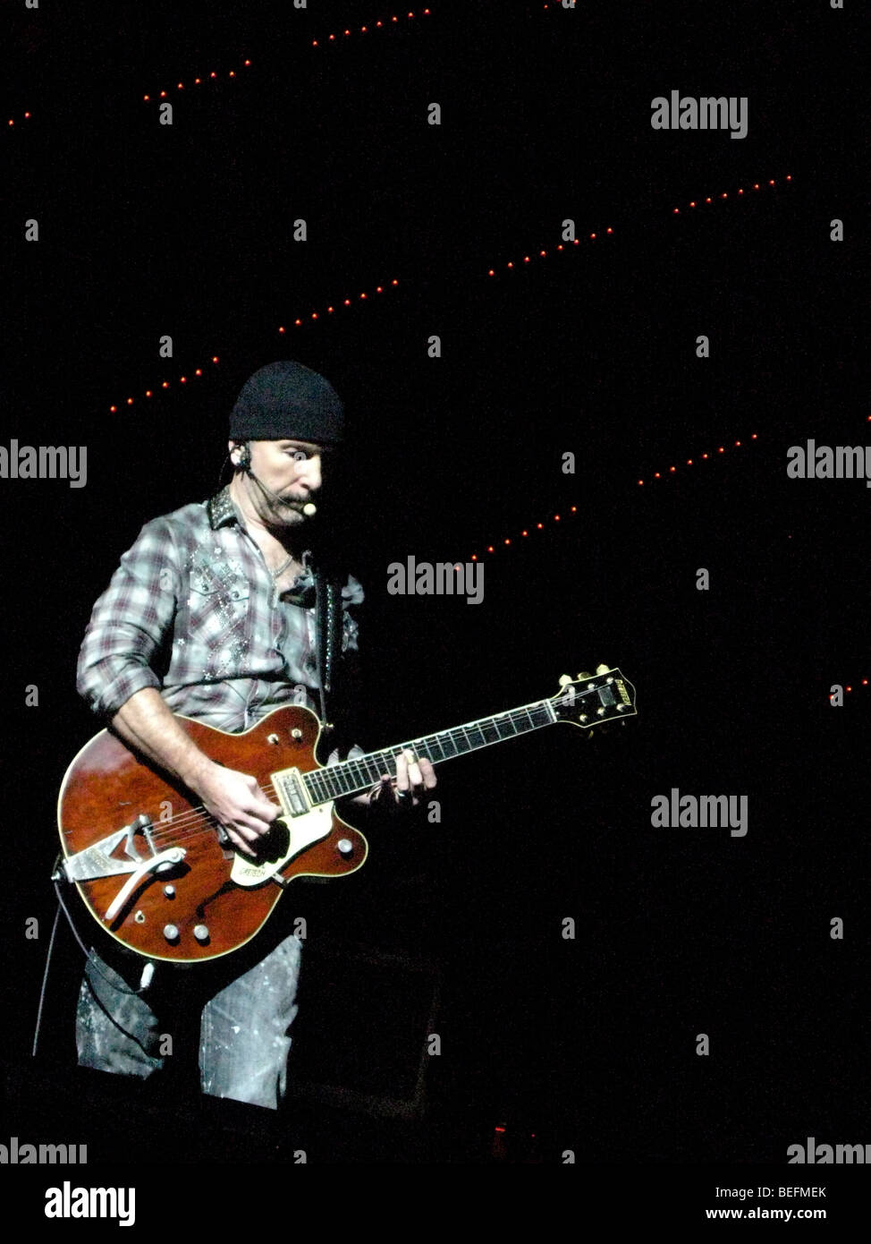 The Edge, guitarist of the Irish rock band U2, performs live at FedEx Field during U2's 360 Tour. Stock Photo