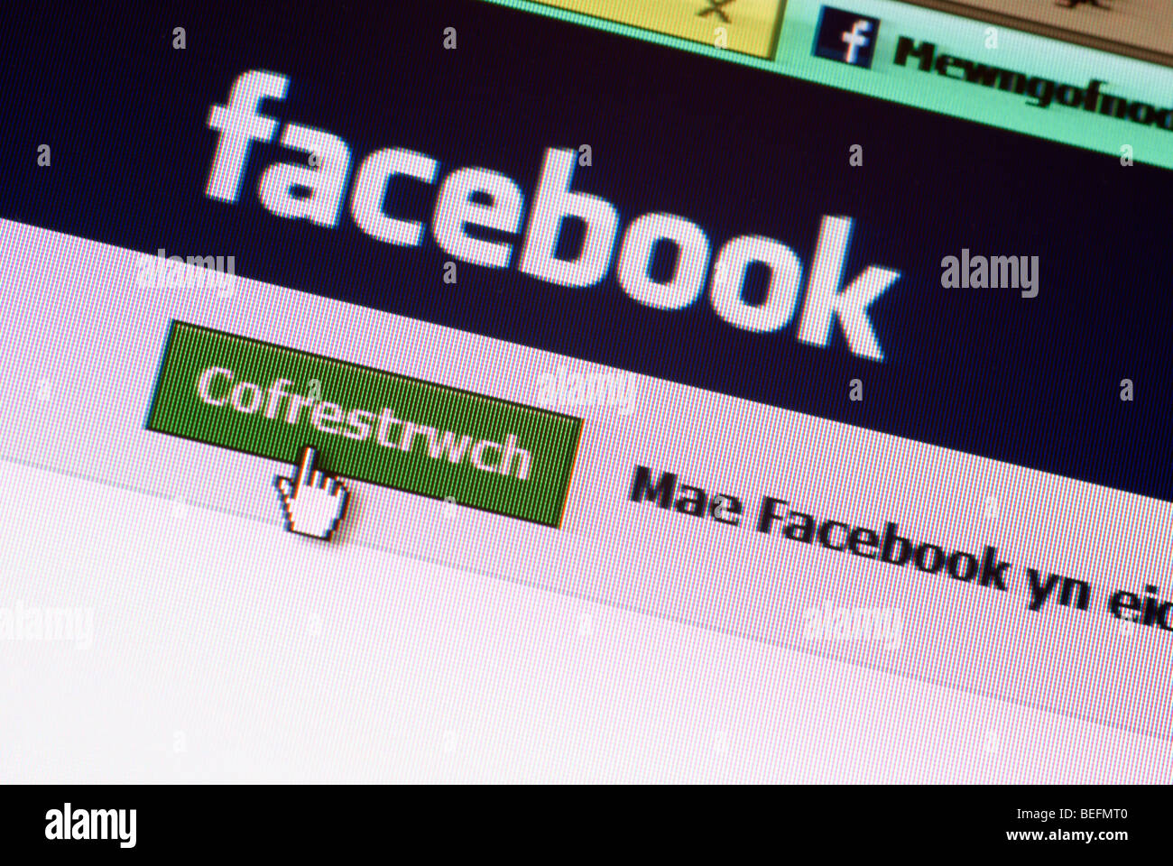 Macro screen shot of Facebook sign-up web page in Welsh Language Stock Photo