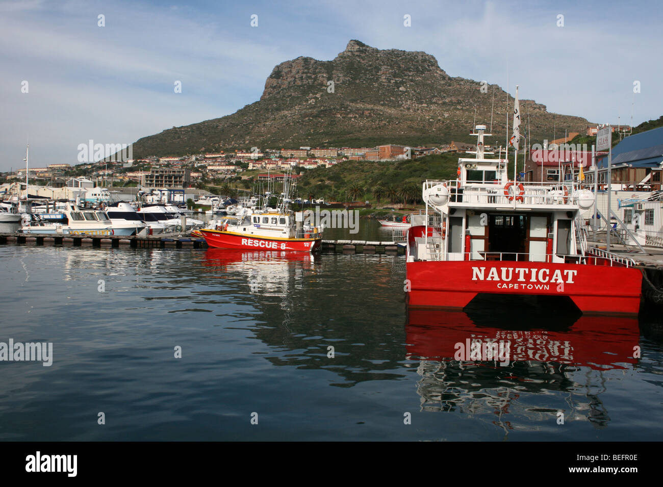 Catamarans And Boats In The Harbour At Hout Bay With Sentinel Peak In The Distance, South Africa Stock Photo