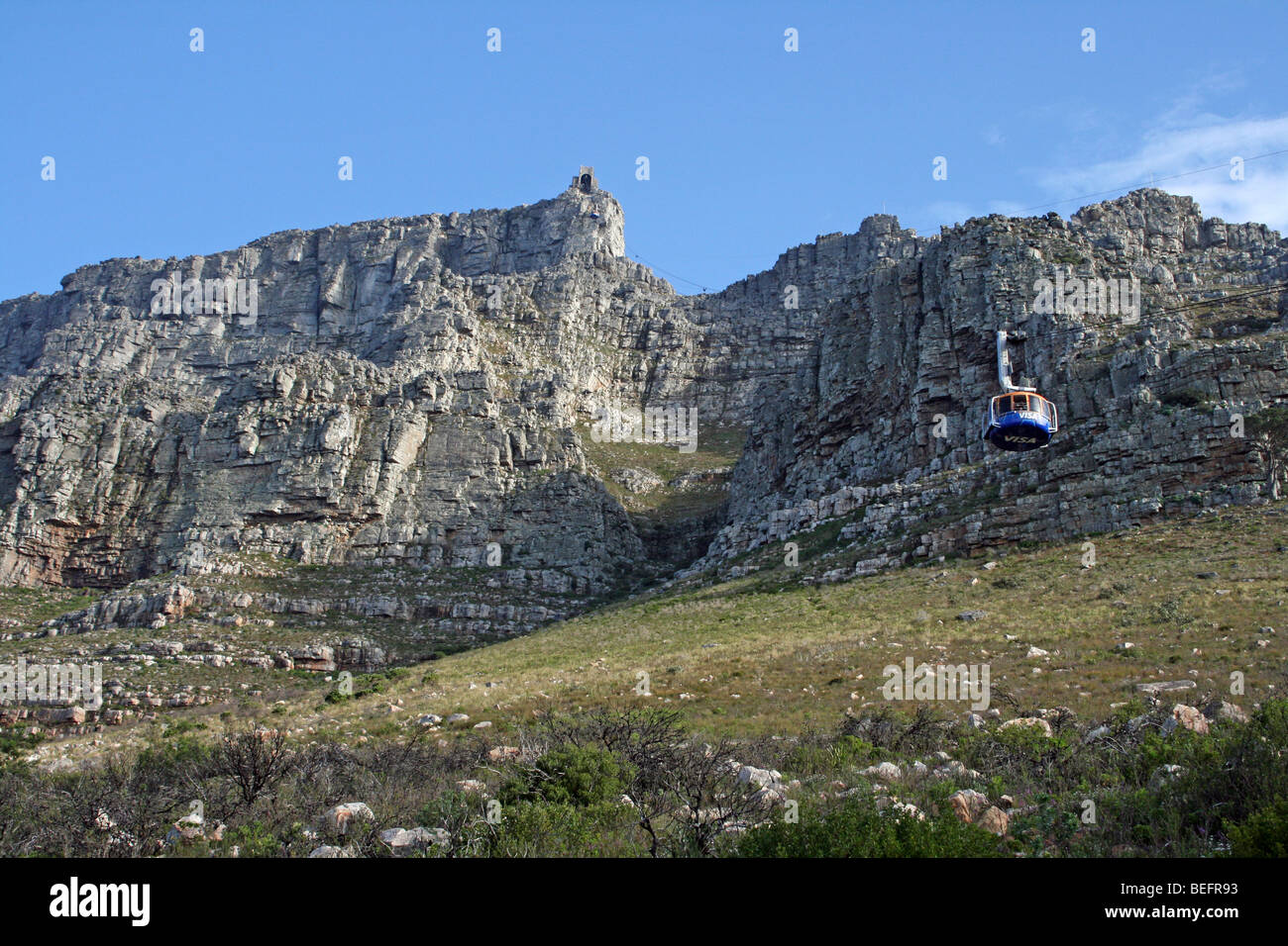 Cable Car Ascends Table Mountain, Cape Town, South Africa Stock Photo