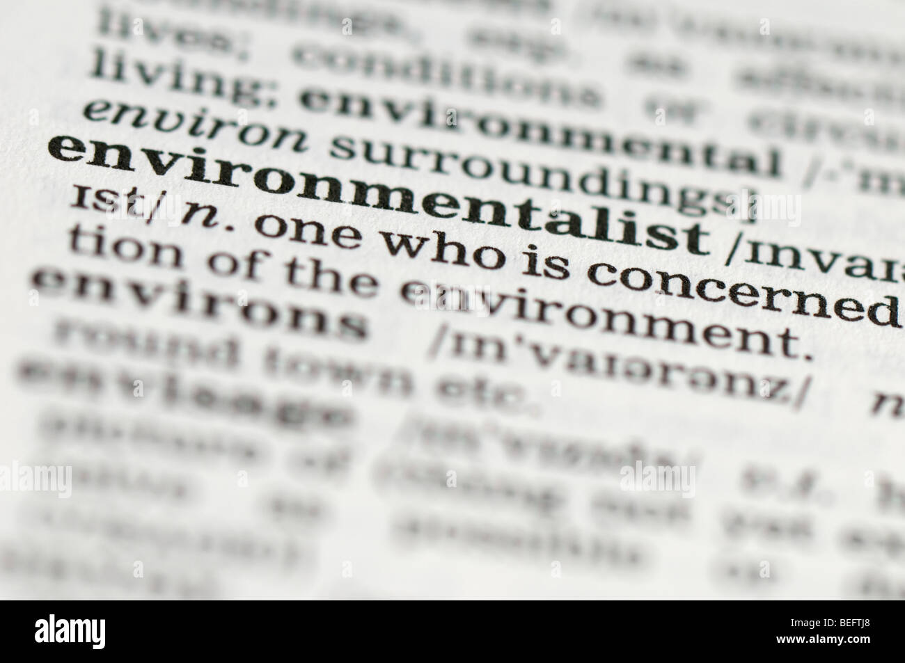 Close up of dictionary definition of word environmentalist Stock Photo