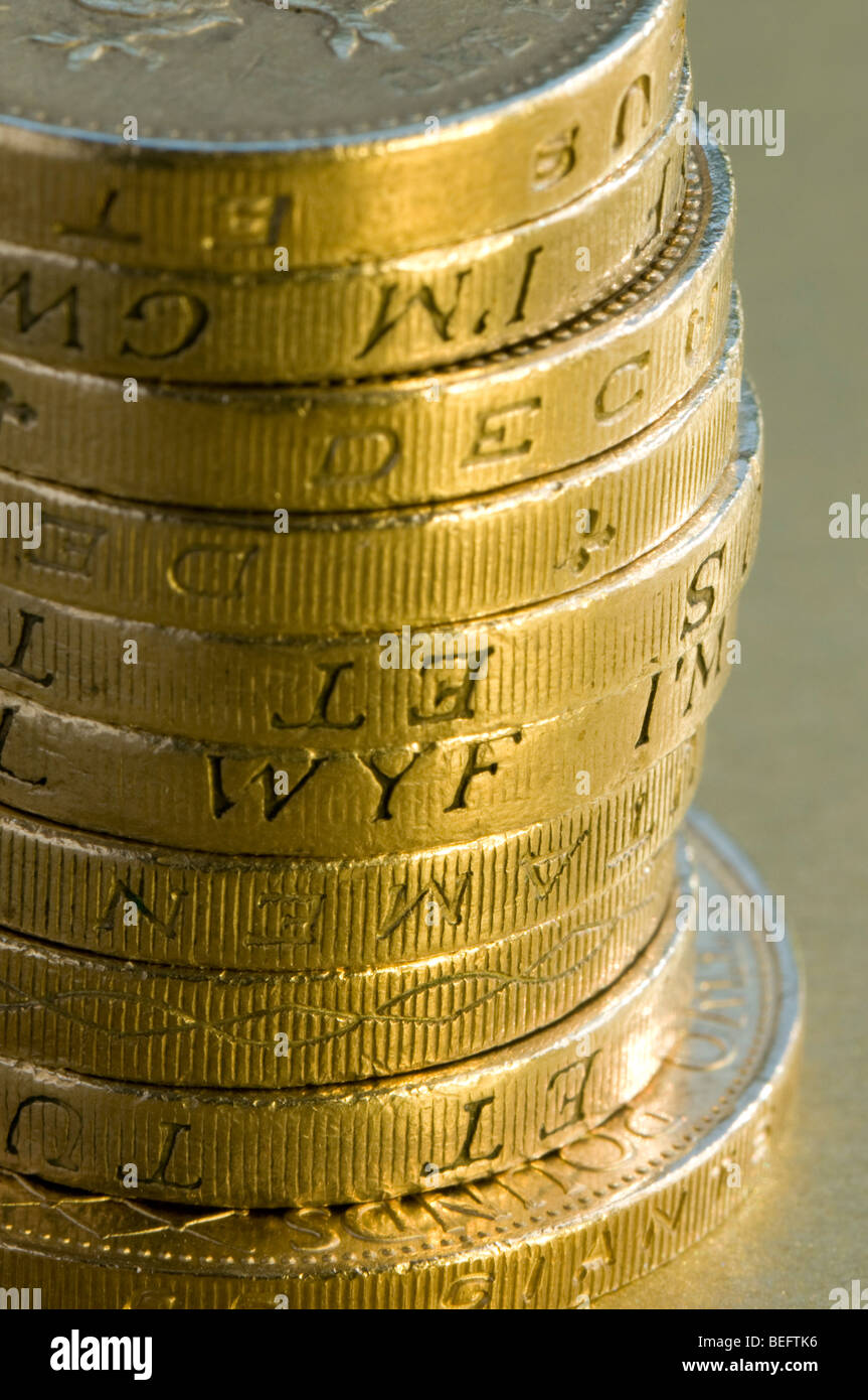 Close up of British pound coins in a stack Stock Photo