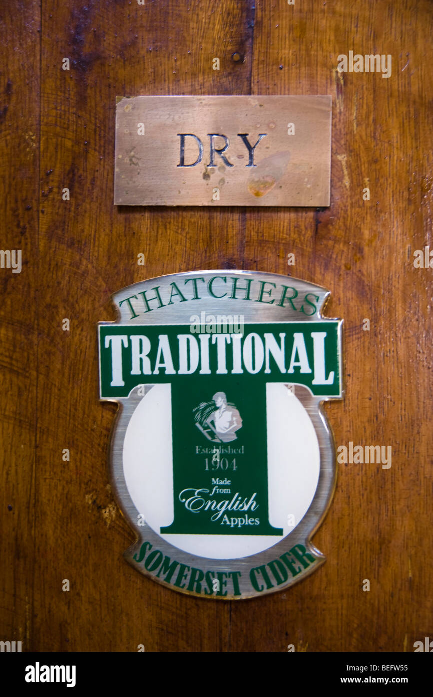 Label on barrel of dry cider, Thatchers Cider Farm, Sandford. North Somerset. England Stock Photo