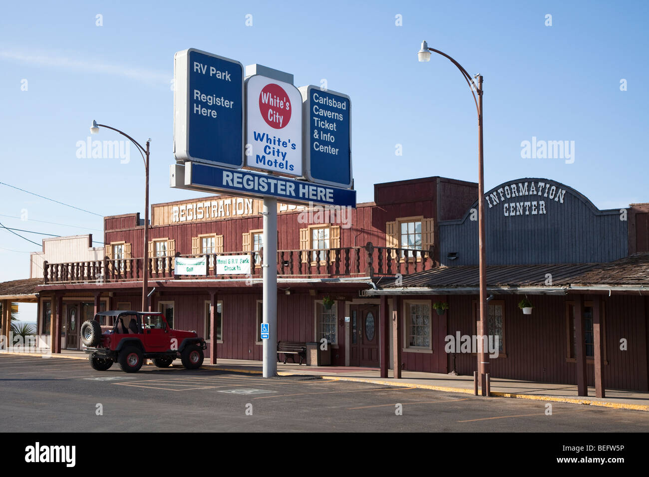 Sign for motels and information center White's City New Mexico USA